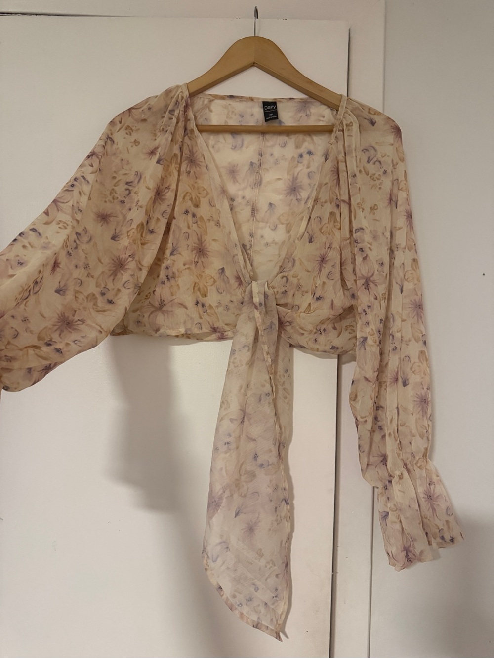 Crochet Tie-Front Sheer Floral Blouse - Pale Cream